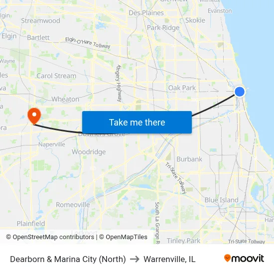 Dearborn & Marina City (North) to Warrenville, IL map