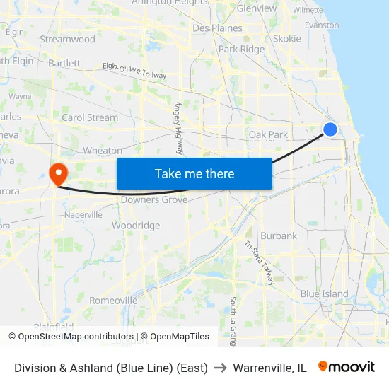 Division & Ashland (Blue Line) (East) to Warrenville, IL map