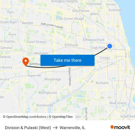 Division & Pulaski (West) to Warrenville, IL map