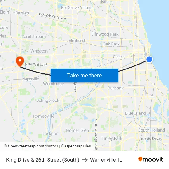 King Drive & 26th Street (South) to Warrenville, IL map