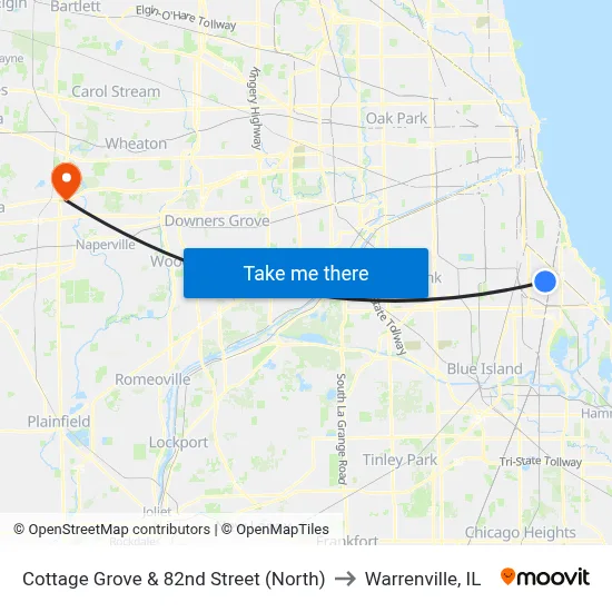 Cottage Grove & 82nd Street (North) to Warrenville, IL map