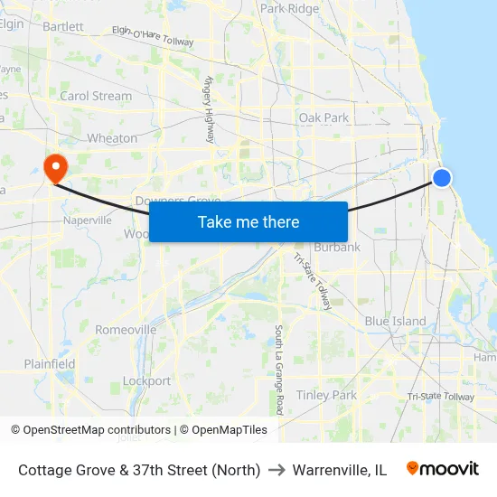 Cottage Grove & 37th Street (North) to Warrenville, IL map