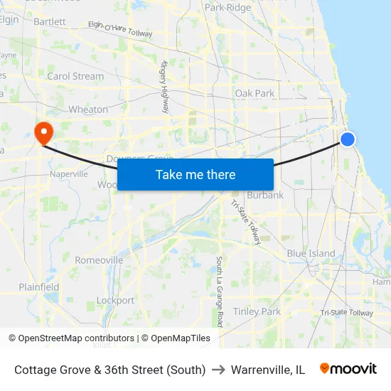 Cottage Grove & 36th Street (South) to Warrenville, IL map