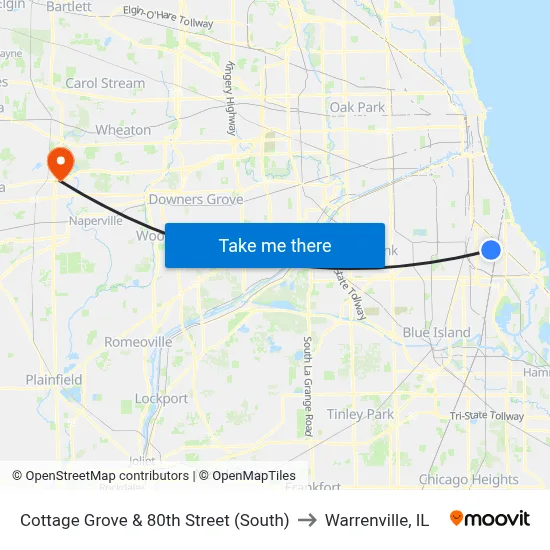 Cottage Grove & 80th Street (South) to Warrenville, IL map