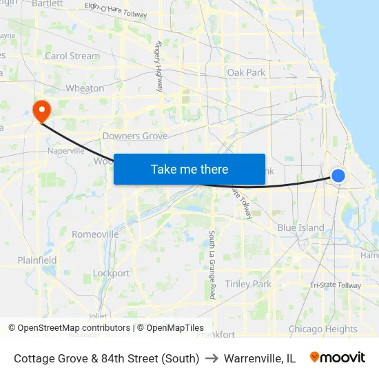 Cottage Grove & 84th Street (South) to Warrenville, IL map