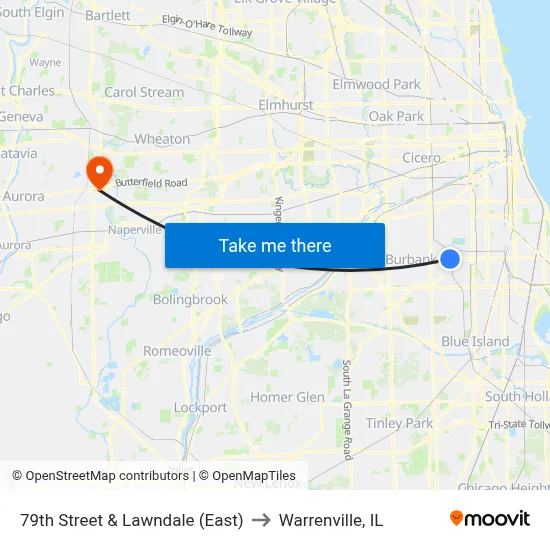 79th Street & Lawndale (East) to Warrenville, IL map