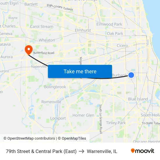 79th Street & Central Park (East) to Warrenville, IL map