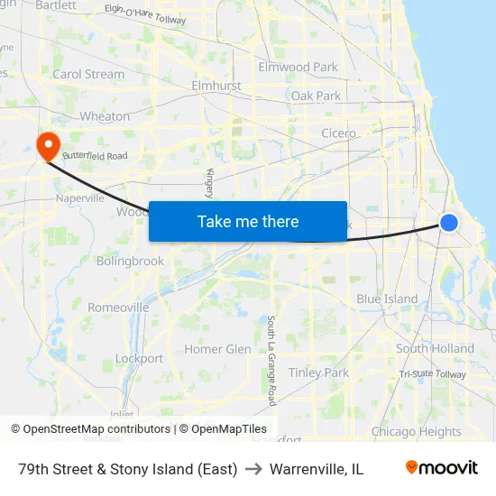 79th Street & Stony Island (East) to Warrenville, IL map