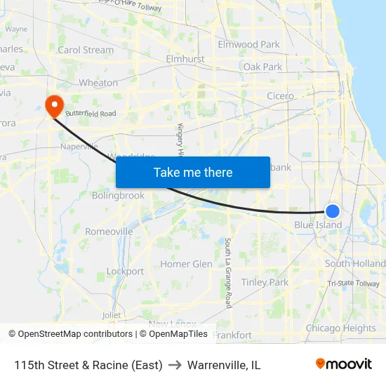 115th Street & Racine (East) to Warrenville, IL map