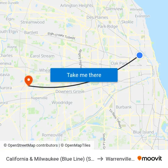 California & Milwaukee (Blue Line) (South) to Warrenville, IL map