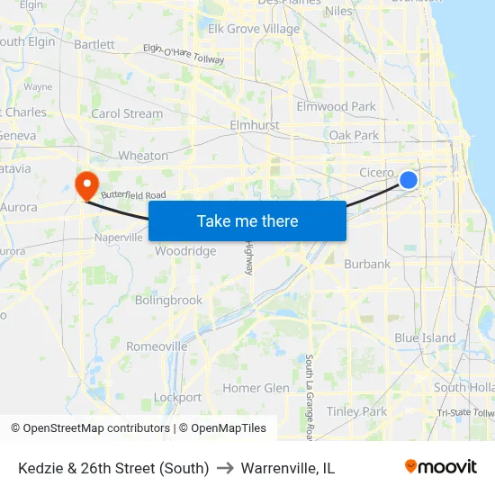Kedzie & 26th Street (South) to Warrenville, IL map