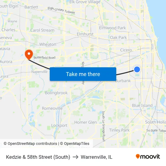 Kedzie & 58th Street (South) to Warrenville, IL map