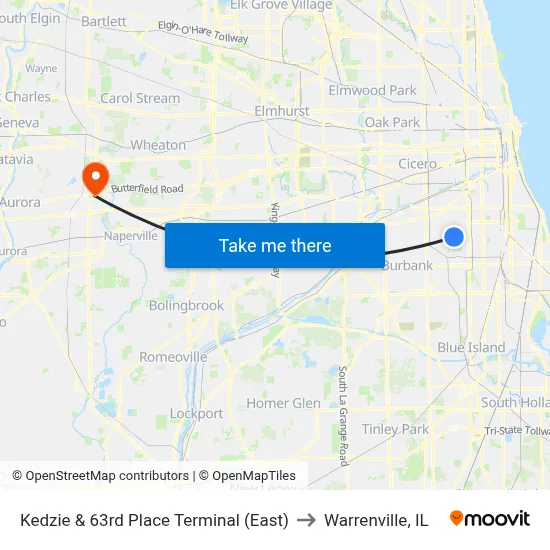 Kedzie & 63rd Place Terminal (East) to Warrenville, IL map