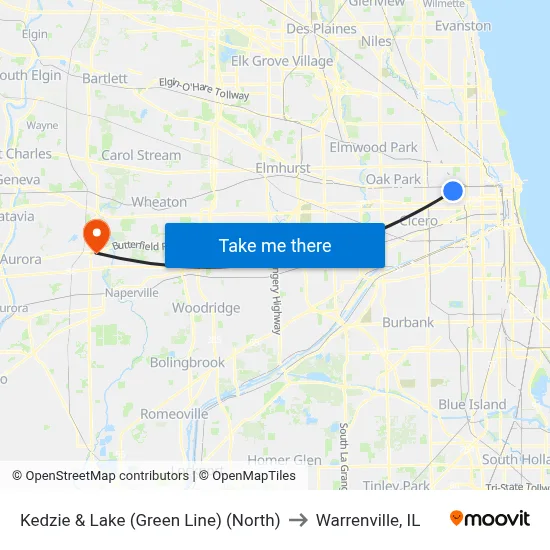 Kedzie & Lake (Green Line) (North) to Warrenville, IL map