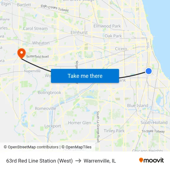 63rd Red Line Station (West) to Warrenville, IL map