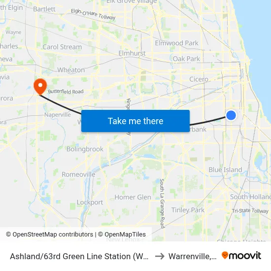 Ashland/63rd Green Line Station (West) to Warrenville, IL map