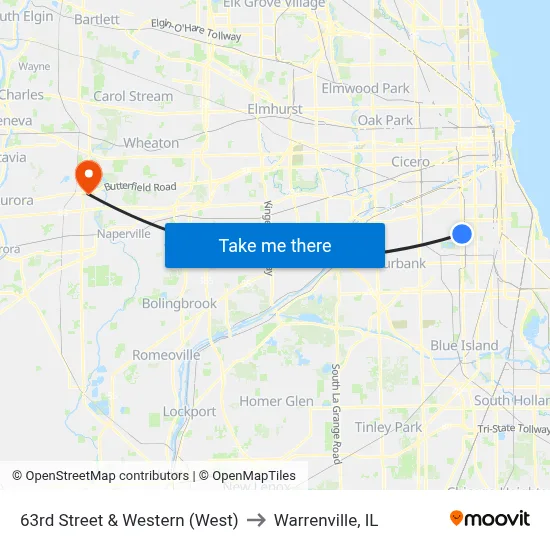 63rd Street & Western (West) to Warrenville, IL map