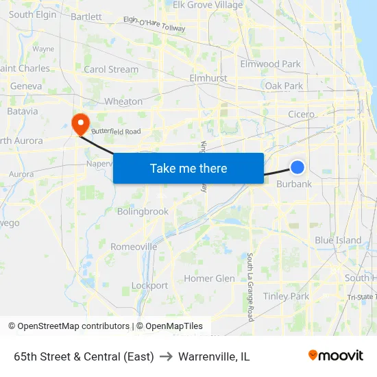 65th Street & Central (East) to Warrenville, IL map