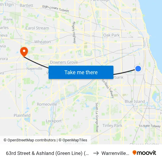 63rd Street & Ashland (Green Line) (East) to Warrenville, IL map