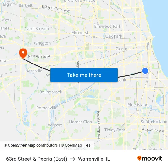63rd Street & Peoria (East) to Warrenville, IL map