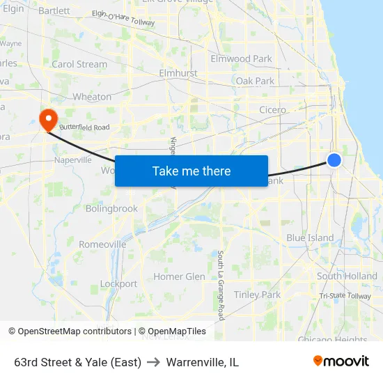 63rd Street & Yale (East) to Warrenville, IL map