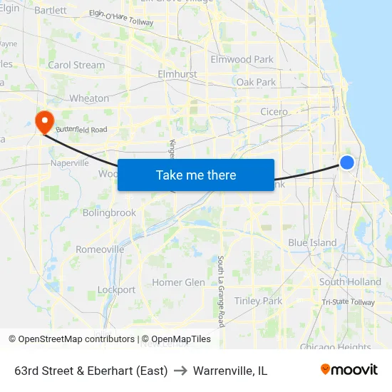 63rd Street & Eberhart (East) to Warrenville, IL map
