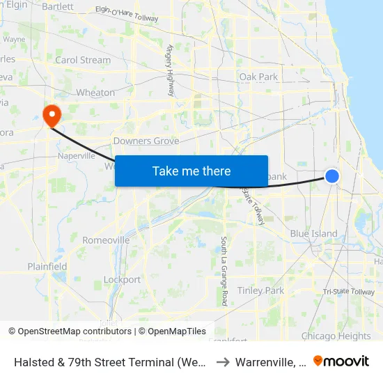 Halsted & 79th Street Terminal (West) to Warrenville, IL map