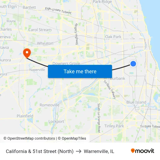 California & 51st Street (North) to Warrenville, IL map