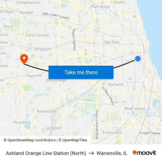 Ashland Orange Line Station (North) to Warrenville, IL map