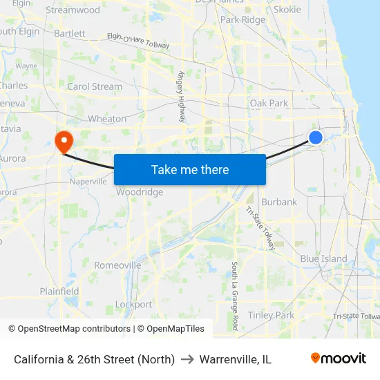 California & 26th Street (North) to Warrenville, IL map