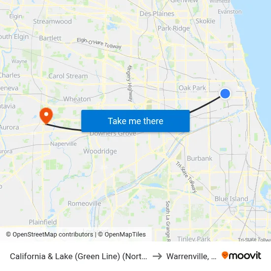 California & Lake (Green Line) (North) to Warrenville, IL map