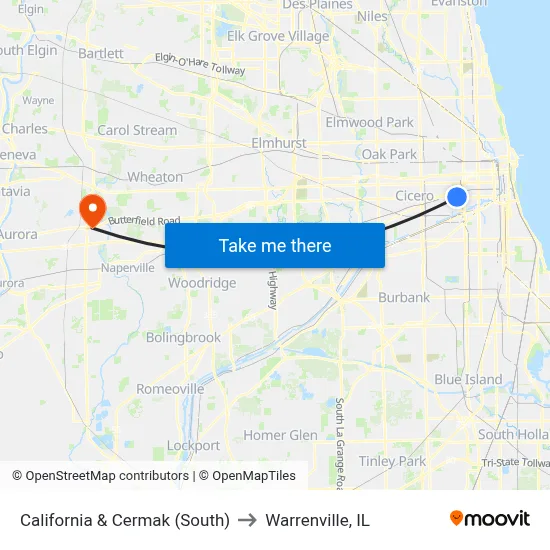 California & Cermak (South) to Warrenville, IL map