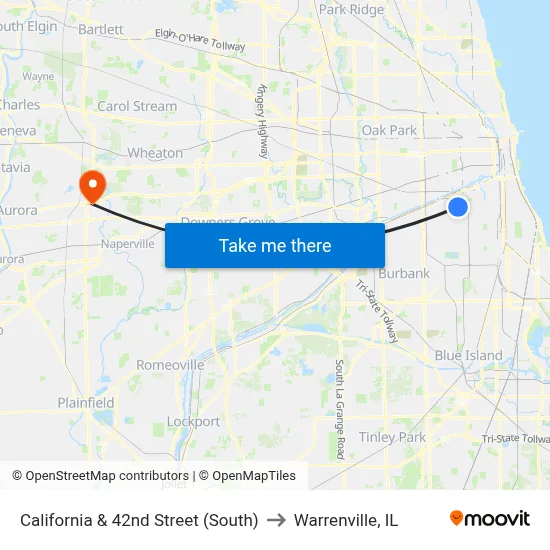 California & 42nd Street (South) to Warrenville, IL map