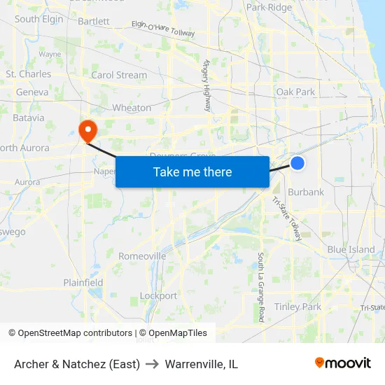 Archer & Natchez (East) to Warrenville, IL map