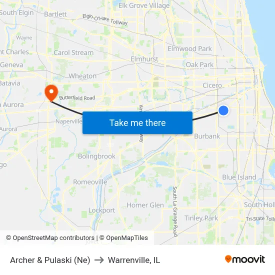 Archer & Pulaski (Ne) to Warrenville, IL map