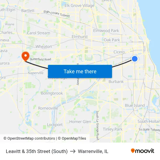 Leavitt & 35th Street (South) to Warrenville, IL map