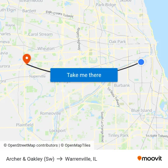 Archer & Oakley (Sw) to Warrenville, IL map