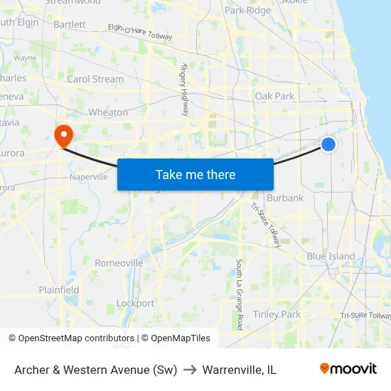 Archer & Western Avenue (Sw) to Warrenville, IL map
