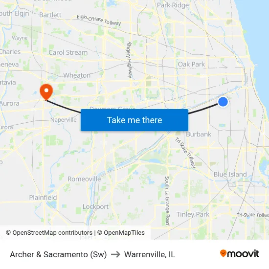 Archer & Sacramento (Sw) to Warrenville, IL map