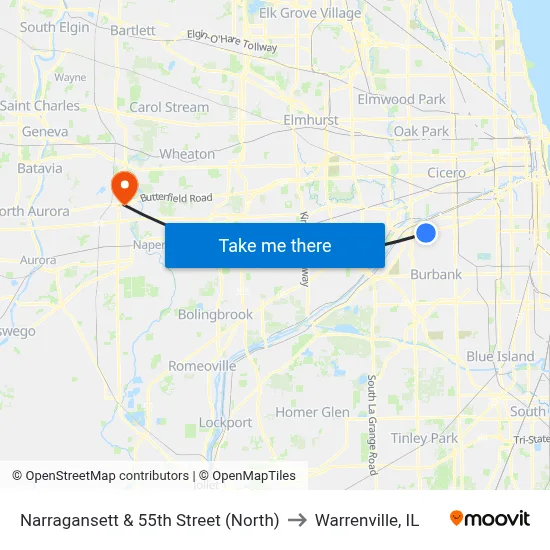 Narragansett & 55th Street (North) to Warrenville, IL map