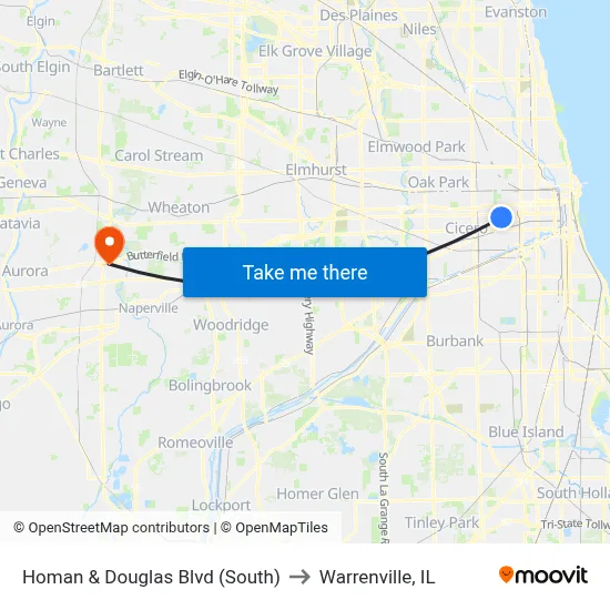 Homan & Douglas Blvd (South) to Warrenville, IL map