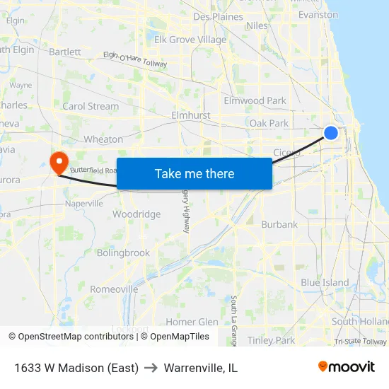 1633 W Madison (East) to Warrenville, IL map