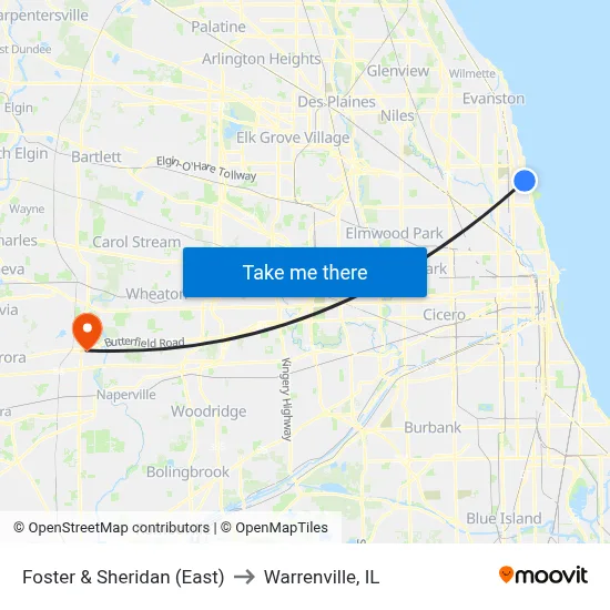 Foster & Sheridan (East) to Warrenville, IL map