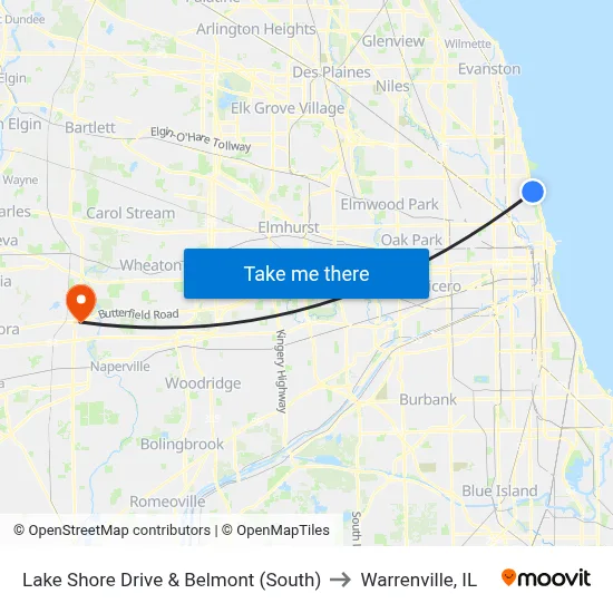 Lake Shore Drive & Belmont (South) to Warrenville, IL map