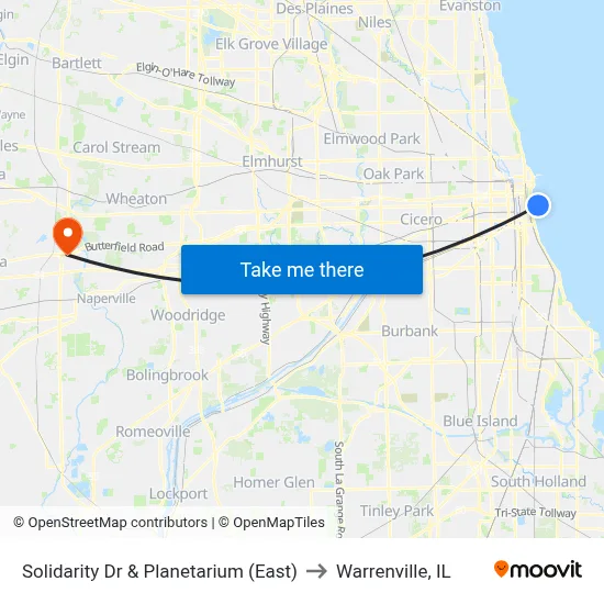 Solidarity Dr & Planetarium (East) to Warrenville, IL map