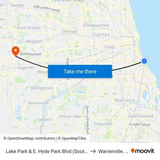 Lake Park & E. Hyde Park Blvd (South) to Warrenville, IL map