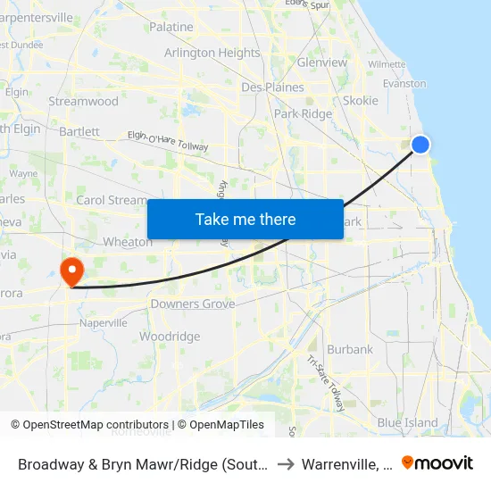 Broadway & Bryn Mawr/Ridge (South) to Warrenville, IL map
