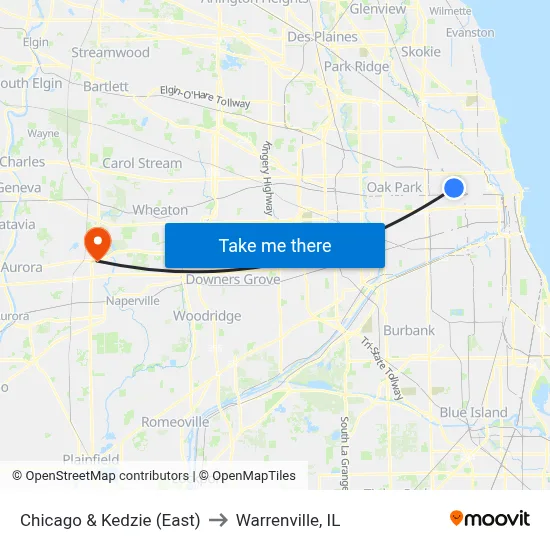 Chicago & Kedzie (East) to Warrenville, IL map