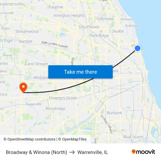Broadway & Winona (North) to Warrenville, IL map