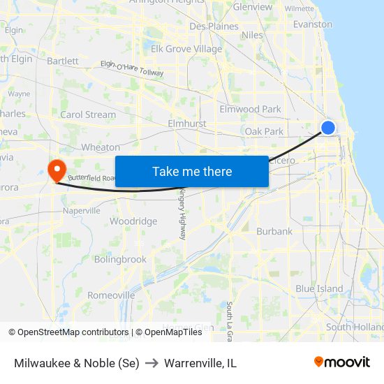 Milwaukee & Noble (Se) to Warrenville, IL map